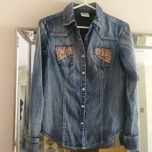 Harley Davidson motorcycle western snap down long sleeve jean shirt top XS